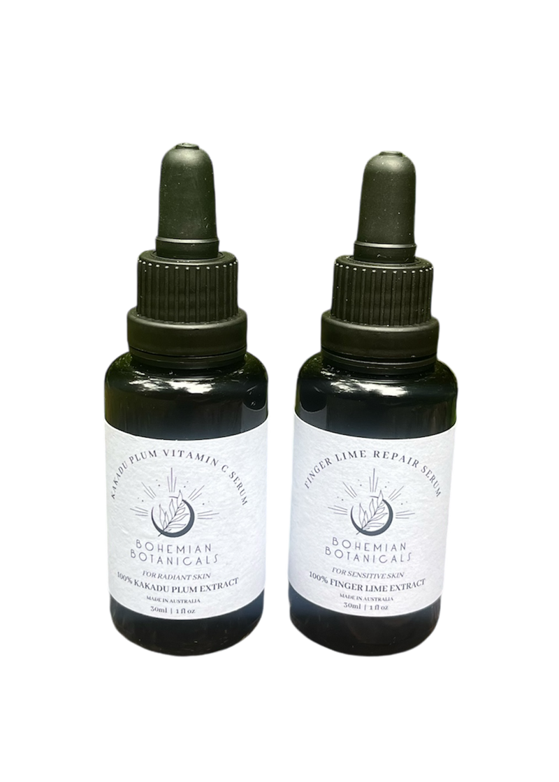 This Kakadu Plum serum is full of antioxidants, water soluble and penetrates deeply to nourish your skin, stimulating collagen production and boosting vitality. 
Finger Lime repairs the skin and is especially good for sensitive skin. Ethically harvested by Indigenous communities in Australia, each bottle embodies the ancient wisdom of the sacred land. Kakadu Plum cellular extract enhances skin elasticity, helps to heal scarring, smooth fine lines. Both are toxin free & fragrance free.