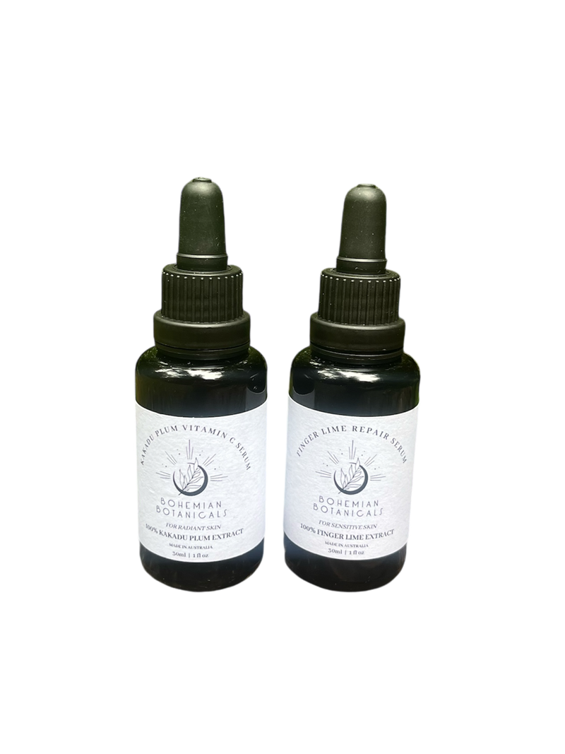 Harness the power of nature with our gentle, plant-based serum duo.
Finger Lime Repair Serum & Kakadu Plum Vitamin C serum. Both are plant based and toxin free. Perfect for sensitive skin