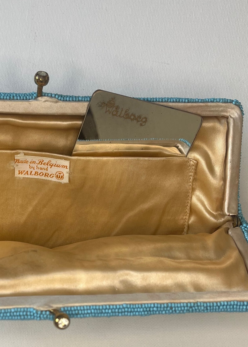 Walborg Antique Vintage Turquoise Bead & Silk Clutch with Original Mirror