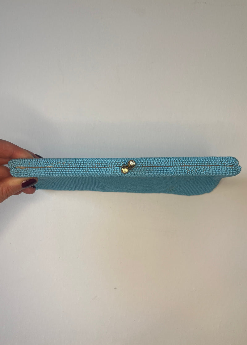 Walborg Antique Vintage Turquoise Bead & Silk Clutch with Original Mirror