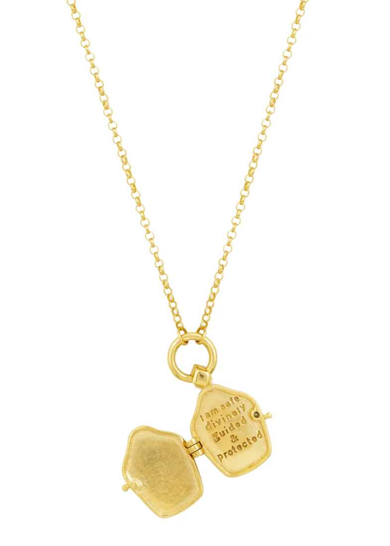 A unique &amp; inspired take on a traditional Tibetan locket. Hanging close to the heart on a chunky rolo chain &amp; inscribed with the secret message&nbsp;'I am safe, divinely guided &amp; protected', this beautiful talisman serves as your daily affirmation.