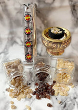 Sacred Resin Incense Kit   Complete kit containing:  1 x Frankincense Resin jar (30g)  1 x Myrrh Resin jar (20g)  1 x Copal Resin jar (20g)  1 x Charcoal Roll (10 disks)  1 x Brass Burner   Perfect to treat yourself or a loved one as a start to your sacred spiritual self love journey.