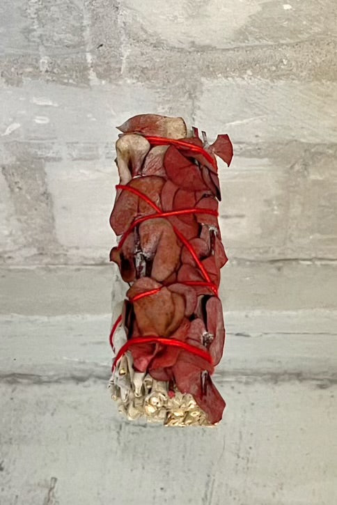 Sacred Smudging Wand with Sage & Red Eucalyptys. Each wand has been uniquely hand crafted with loving intention to purify and cleanse, whilst respecting and honouring the sacred ancient traditions of Indigenous smudging ritual.