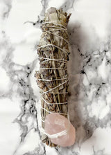 Sacred Smudging Wand // Rose Quartz // Lavender - Large Sacred Smudging Wand with Rose Quartz and organic Lavender. Each wand has been uniquely hand crafted with the intention to purify and cleanse, whilst respecting and honouring the sacred ancient traditions of Indigenous smudging ritual. Never leave flame unattended. Always extinguish fully. Each wand is unique and therefore may vary slightly from photo.