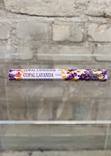 Sacred Incense Sticks // Copal Lavender  Magical Properties:  Clears energy blocks, creates balance and enhances intuition, while strengthening the mind and calming the nervous system.  Copal was traditionally used by the Mayans, Aztecs and other indigenous peoples around the world as an offering to the gods and deities, an energy cleanser (clearing the body of diseases), and also to keep mosquitos away. 