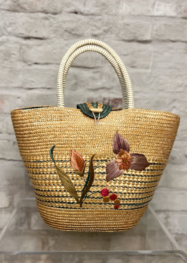 Beautiful Vintage Mexican Woven Basket  H: (inc. handle) 48cm x L: 40cm x D: 22cm  Excellent Condition