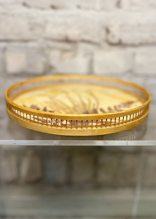 Beautiful Vintage Wooden Tray with Dried Flowers & Glass Plate Excellent Condition  D: ca. 29cm